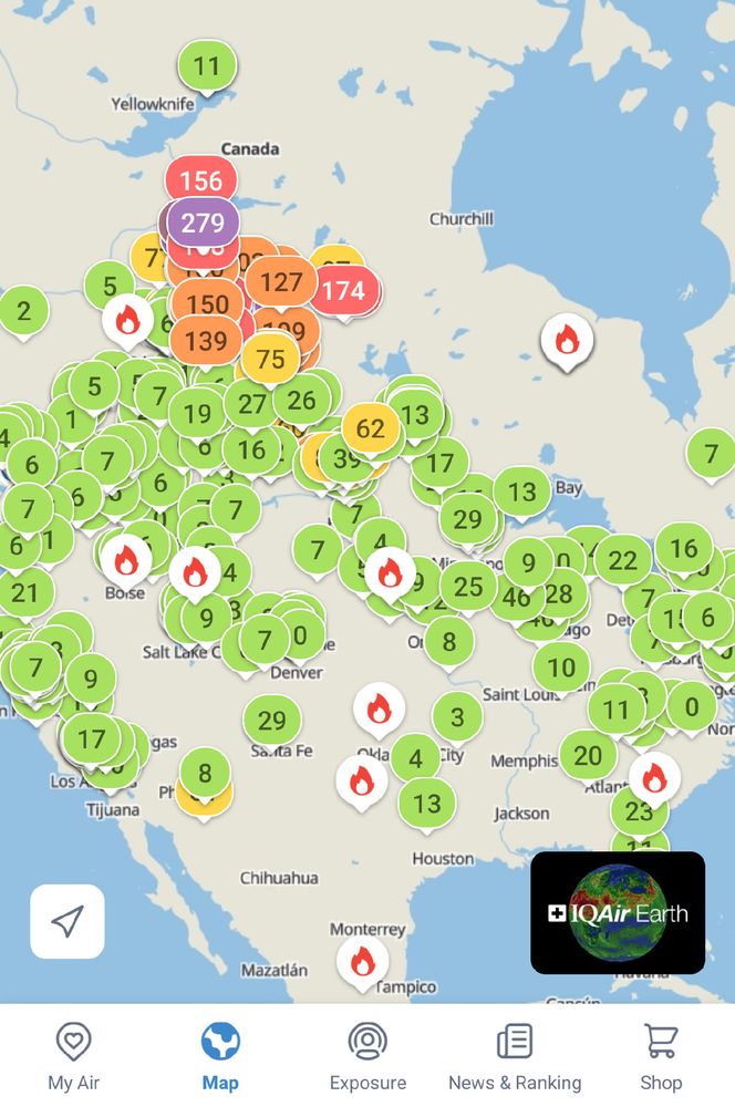 Air quality map of Canada showing poor air quality in Alberta and Saskatchewan