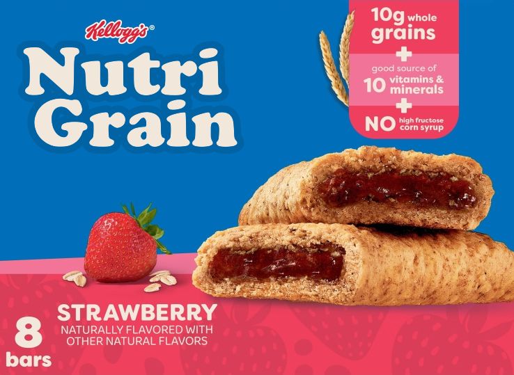 The new package front of Kellogg's Strawberry Nutri Grain, with the font of the name changed to Cooper Black.