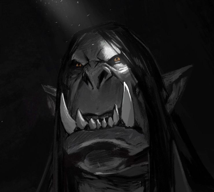 AN ORC, KARGATH BLADEFIST, MOSTLY IN SHADOW, WITH LIGHT FALLING ON ONLY ONE EYE.