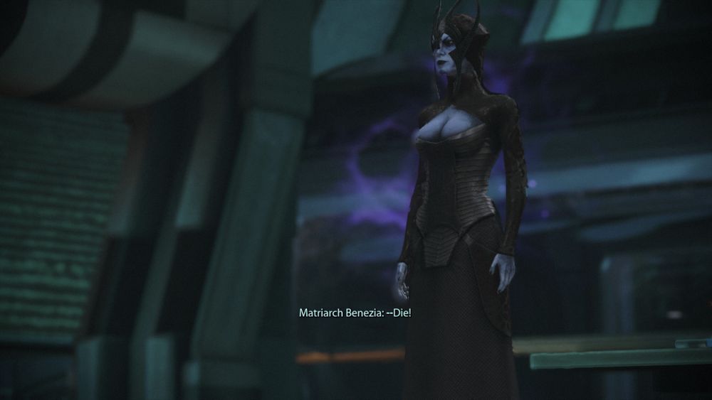 In a spacecraft interior, a humanoid figure in an intricate armor stands facing forward. The character is equipped with a bladed weapon, suggesting combat readiness. The environment is industrial and technologically advanced, with various screens and controls visible, indicating the complexity of the vessels systems. This is a third-person perspective from the viewpoint of a crew member or an alien race within the game Mass Effect Legendary Edition.