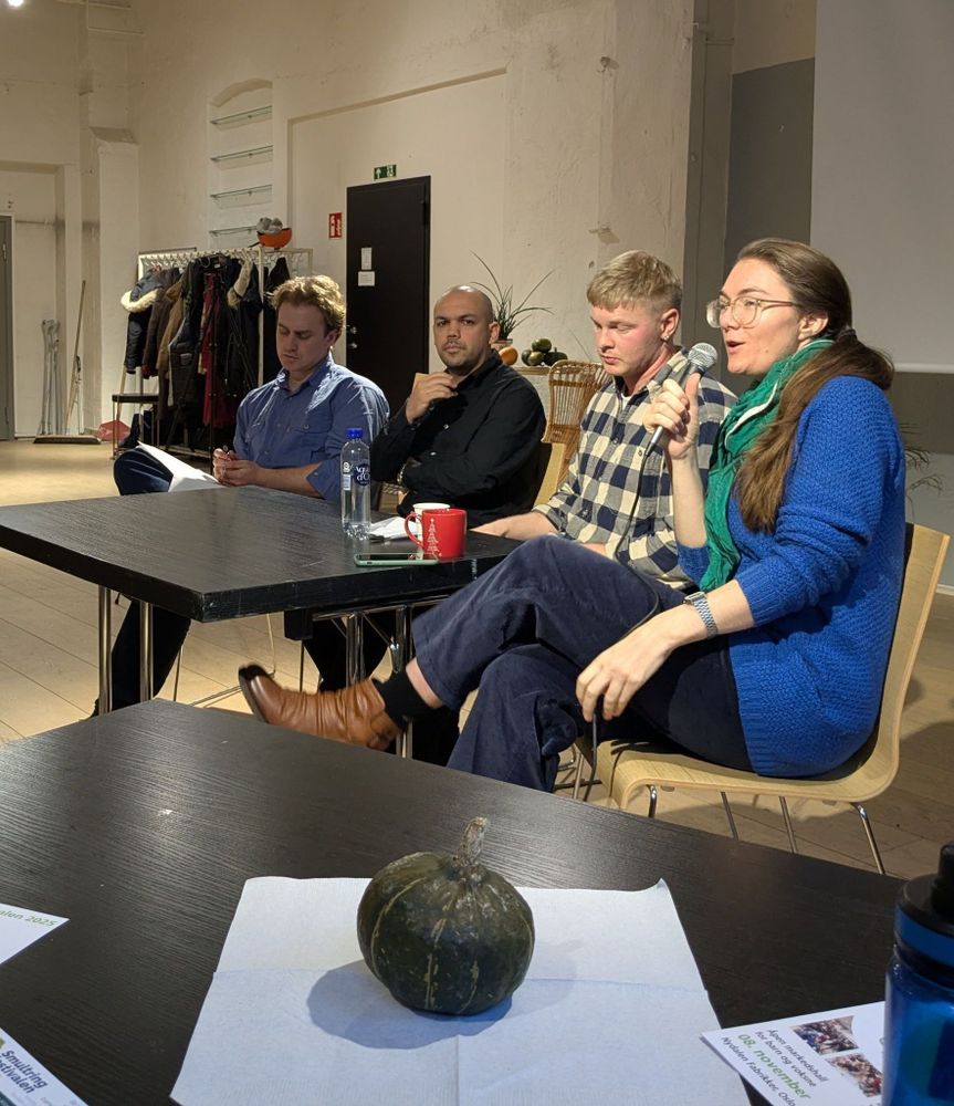 Bilde av panelet. Fra venstre: Håvard Widerøe (ordstyrer, fra Attac Norge), Diego Foss fra Nordisk senter for bærekraft, Yngve Solli Heiret, stipendiat og Sigrid Heiberg fra Miljøpartiet de Grønne. 