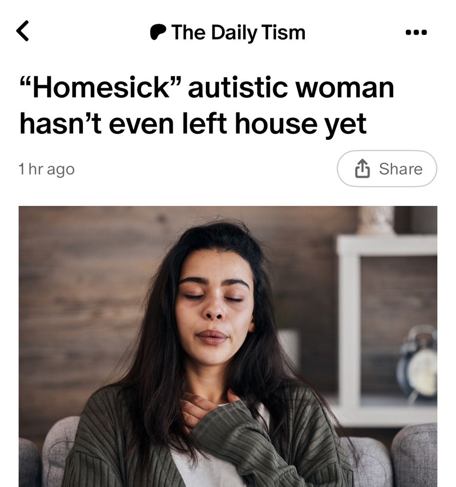 “Homesick” autistic woman hasn’t even left house yet 

Image of woman sitting in living room with her hand on her chest and a sad expression 