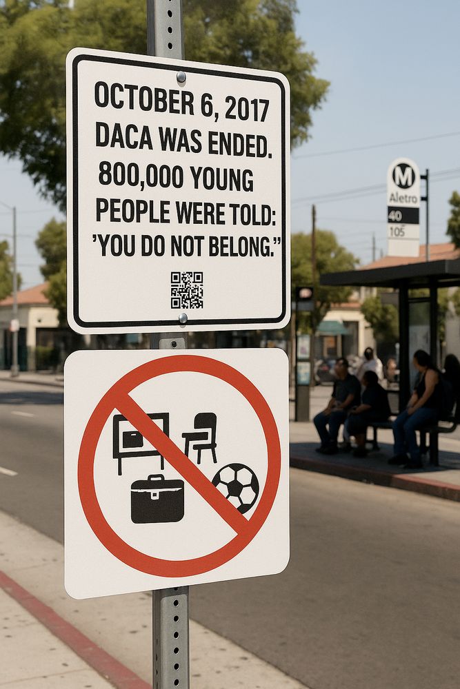 Black and white street sign reading, "October 6, 2017. DACA was ended. 800,000 young people were told: You do not belong." A red circle with a line through it encircles a soccer ball, a backpack, a school desk, a computer.