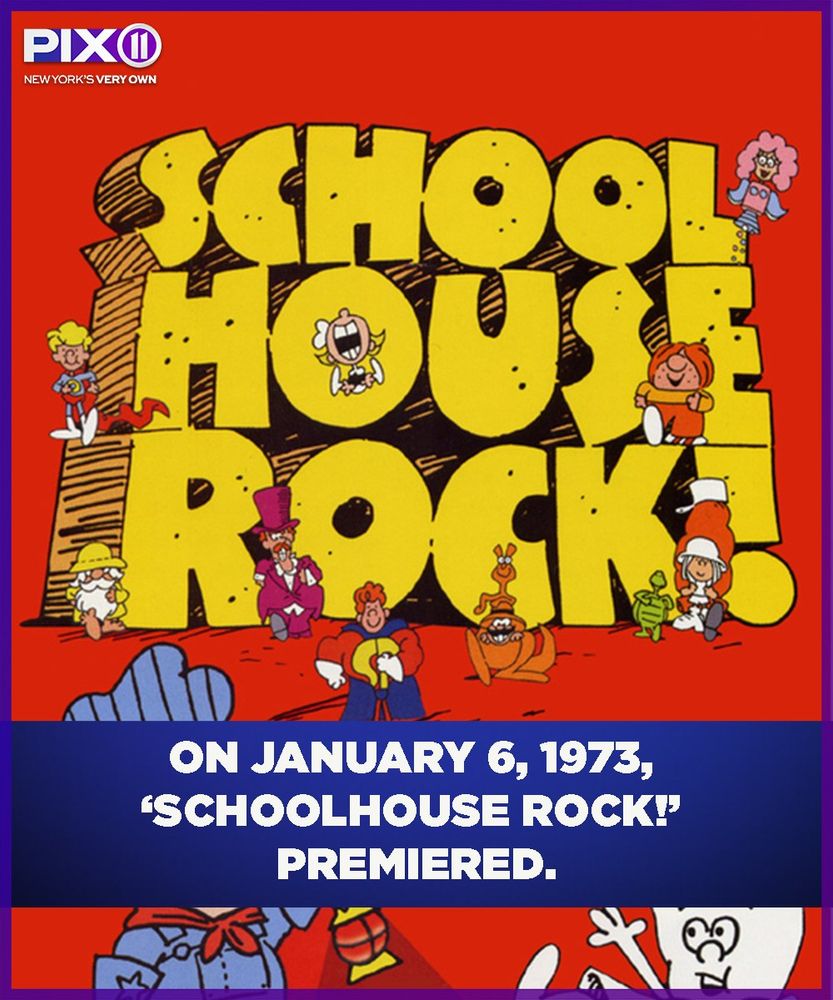 schoolhouse rock logo made of yellow rock, against red background. Caption says "on january 6, 1973, schoolhouse rock premiered."