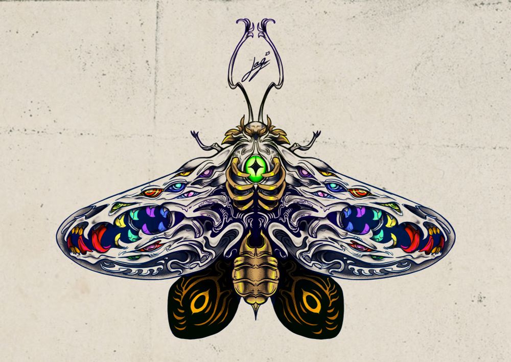 A moth with a swirling dark creature patterned in its wings, its teeth and eyes shimmering the colors of the rainbow, rendered with stippling shading in a tattoo style.