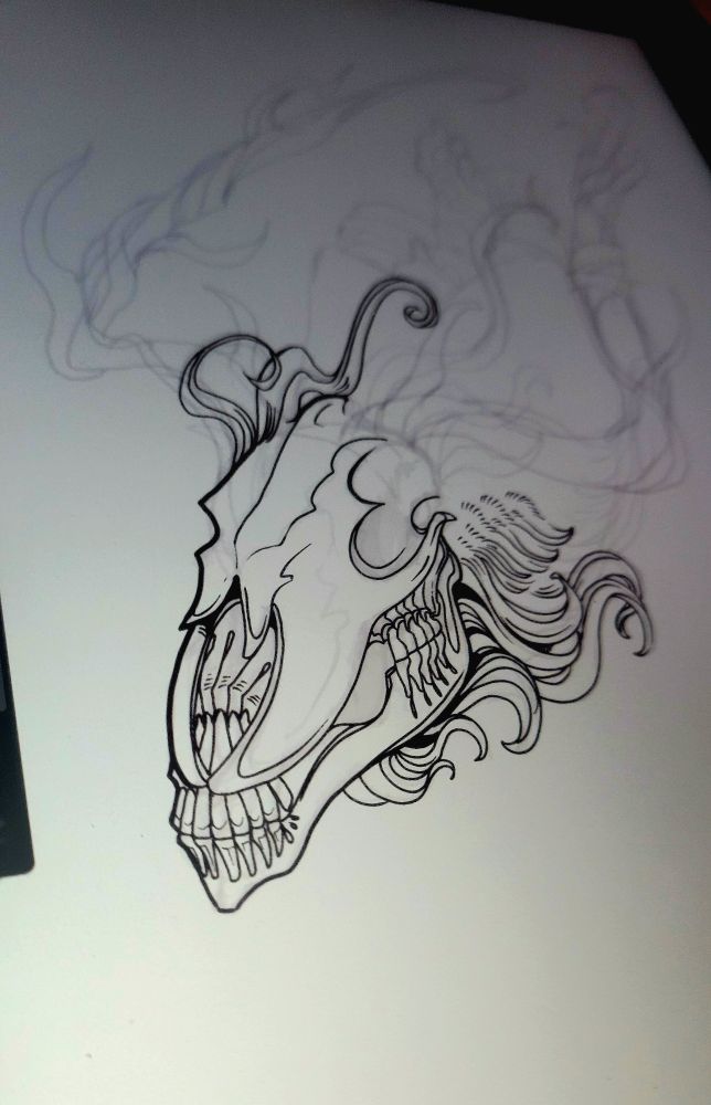 A deer skull with whisps of fur coming off of its face, proud horns made of barb wire reach towards the heavens, for a creature of the night. 