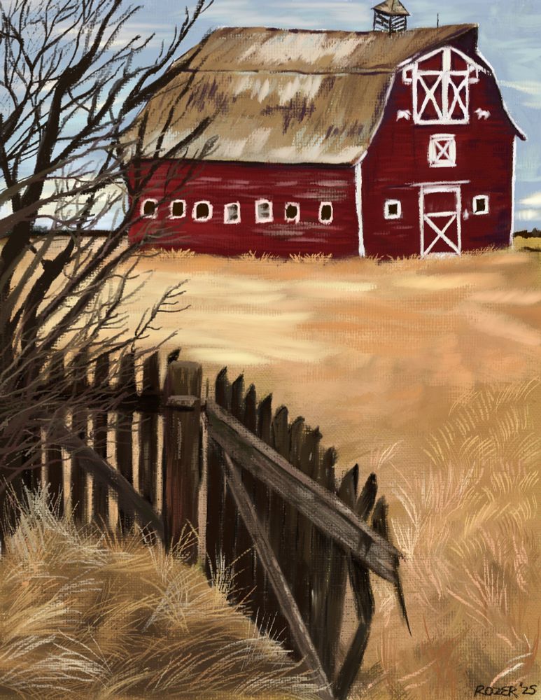 red barn in the background in a wheat field during a cold winter day, broken old rotted france in the foreground. digital painting study.