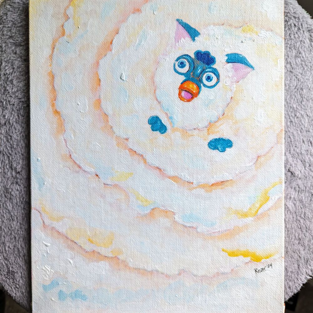 white puffy cloud long bodied furby in a spiraled coiled with a smiling face, evoking a sense of calm, happiness, and smiles. acrylic painting on a 8 by 10 inched flat canvas panel. for sale.