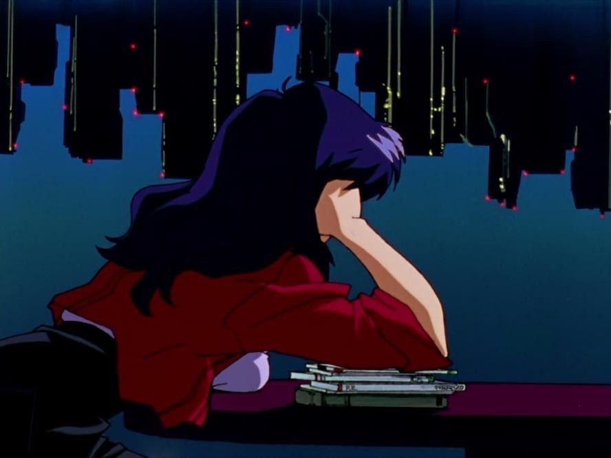 misato from Evangelion facing away from the camera and looking tired