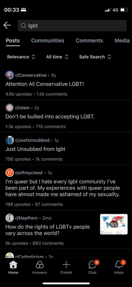 The screenshot referenced in the previous image, showing the results of a search on Reddit for the term LGBT. No results from LGBT-specific subreddits appear; instead, posts from /r/Conservative, /r/Islam, /r/JustUnsubbed, etc are highlighted.