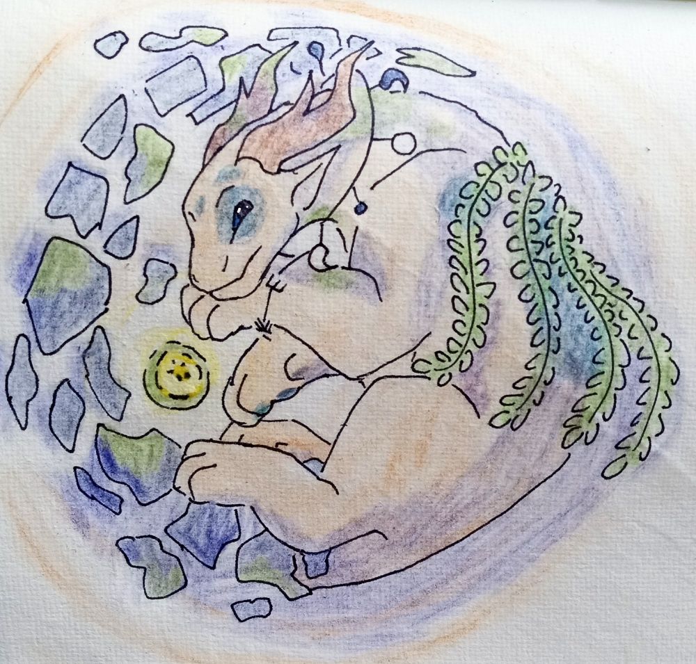 a sandy dragon-creature with a tail made of mossy stones lays curled up around his candle, wearing a kelp cape.