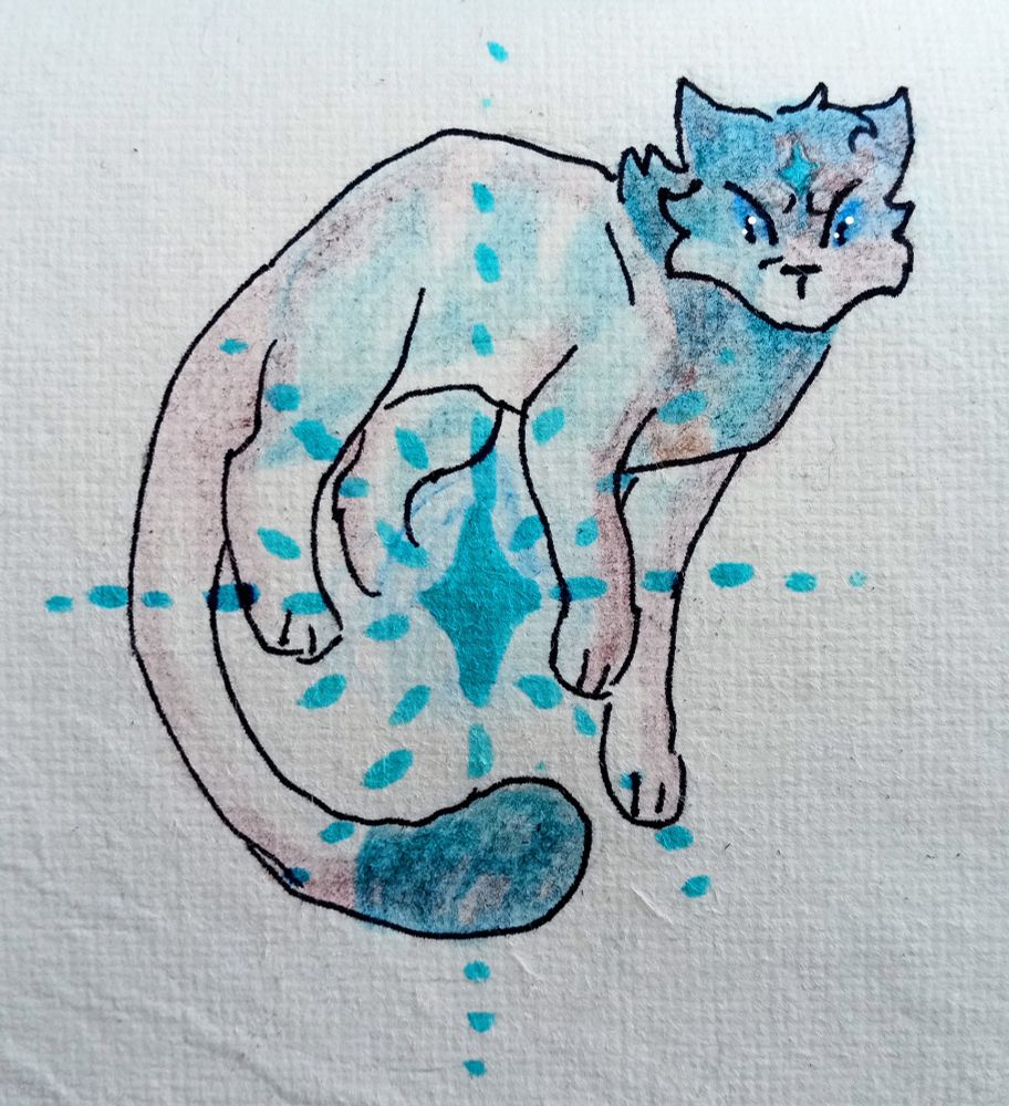 A stressed-looking blue cat with a leader mark on his forehead curls around a blue glowing star.