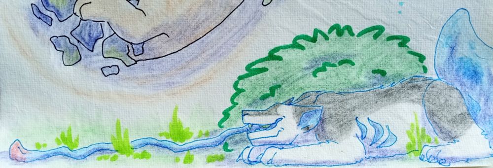 A grey and white, blue-tailed creature with no eyes and two mouths, one stacked on top of the other, crouches behind a bush, using the red-tipped, blue, long tongue of the top mouth to lure prey.