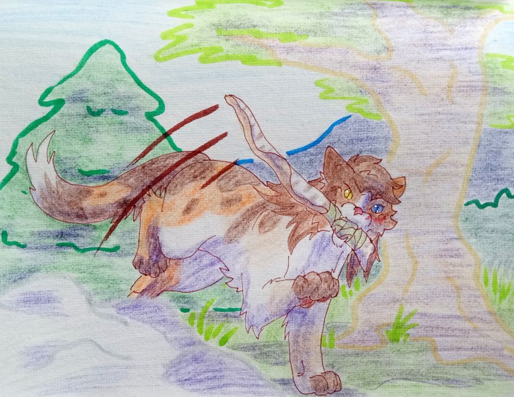 a calico apprentice cat with a birch "sword" in his mouth pounces out from behind a rock pile to bonk the camera.