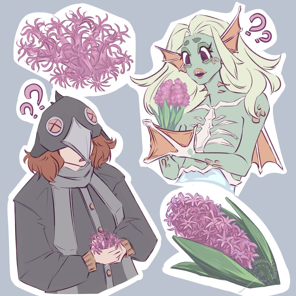 A mermaid character staring in confusion at purple hyacinths in her hands, and a crow grim reaper character staring at purple coral in hers. 