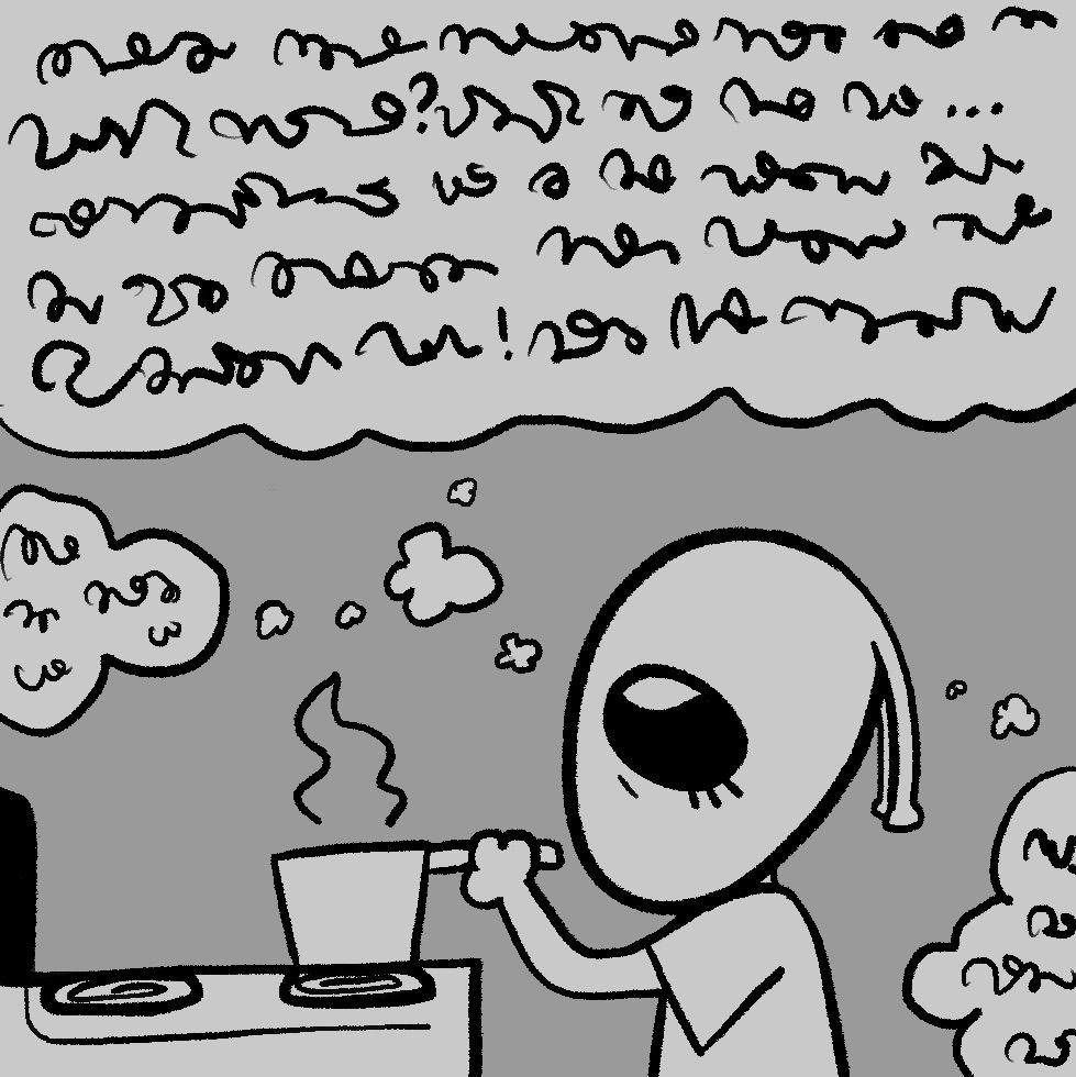 an alien is cooking a pot on a stove lost in deep thought with a heavy internal dialogue represented by squiggles because the artist can't be bothered to write actual dialogue about anything 