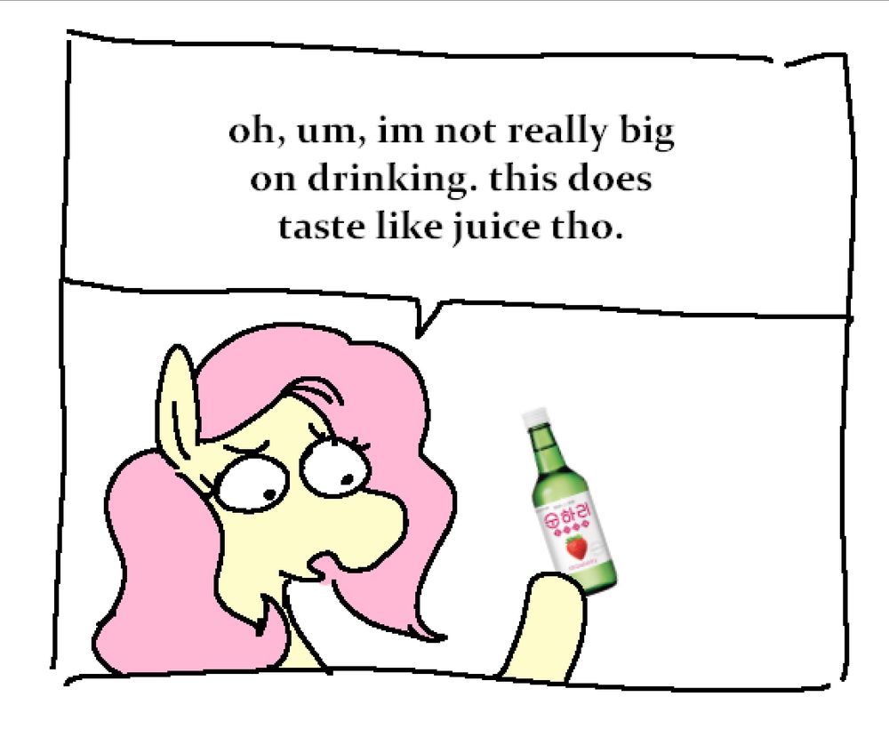 fluttershy nervously looking at a bottle of soju. she says "oh, um, im not really big on drinking. this does taste like juice tho"