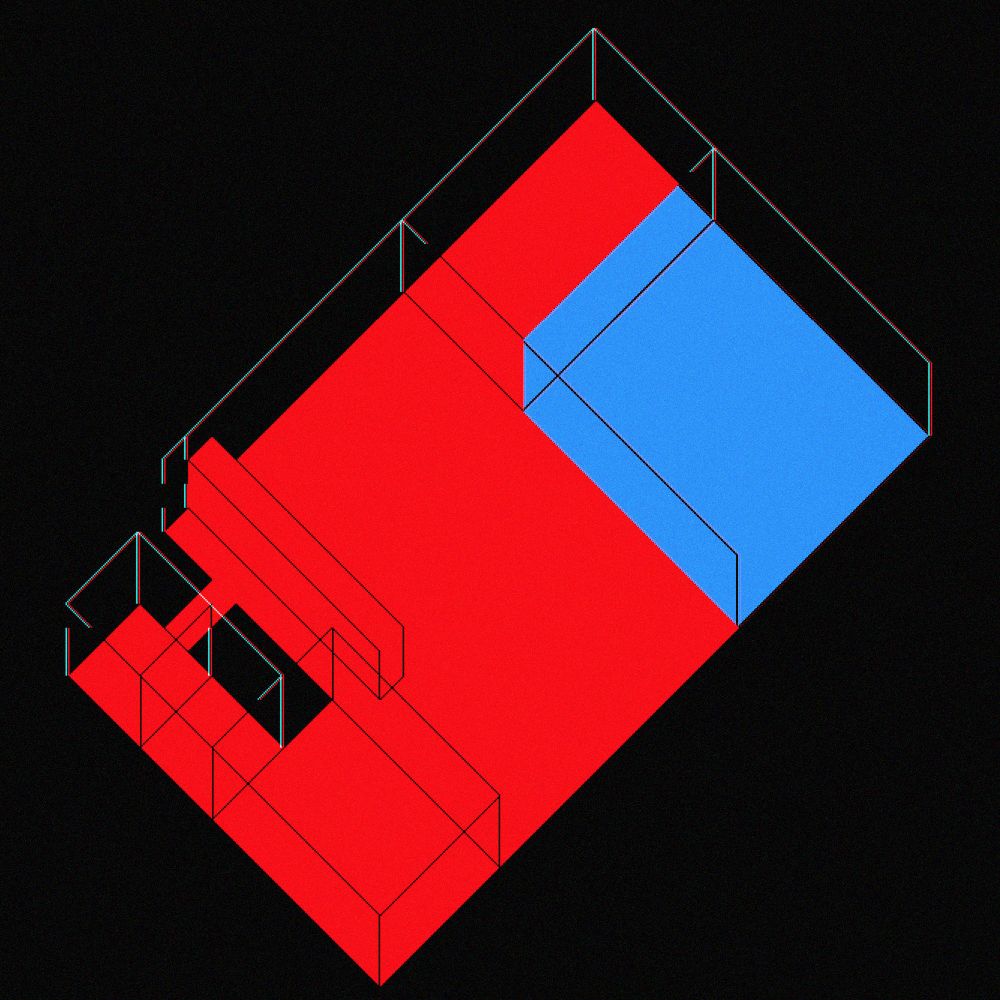 A diagram of an apartment colored red. One room in the upper right is colored blue.