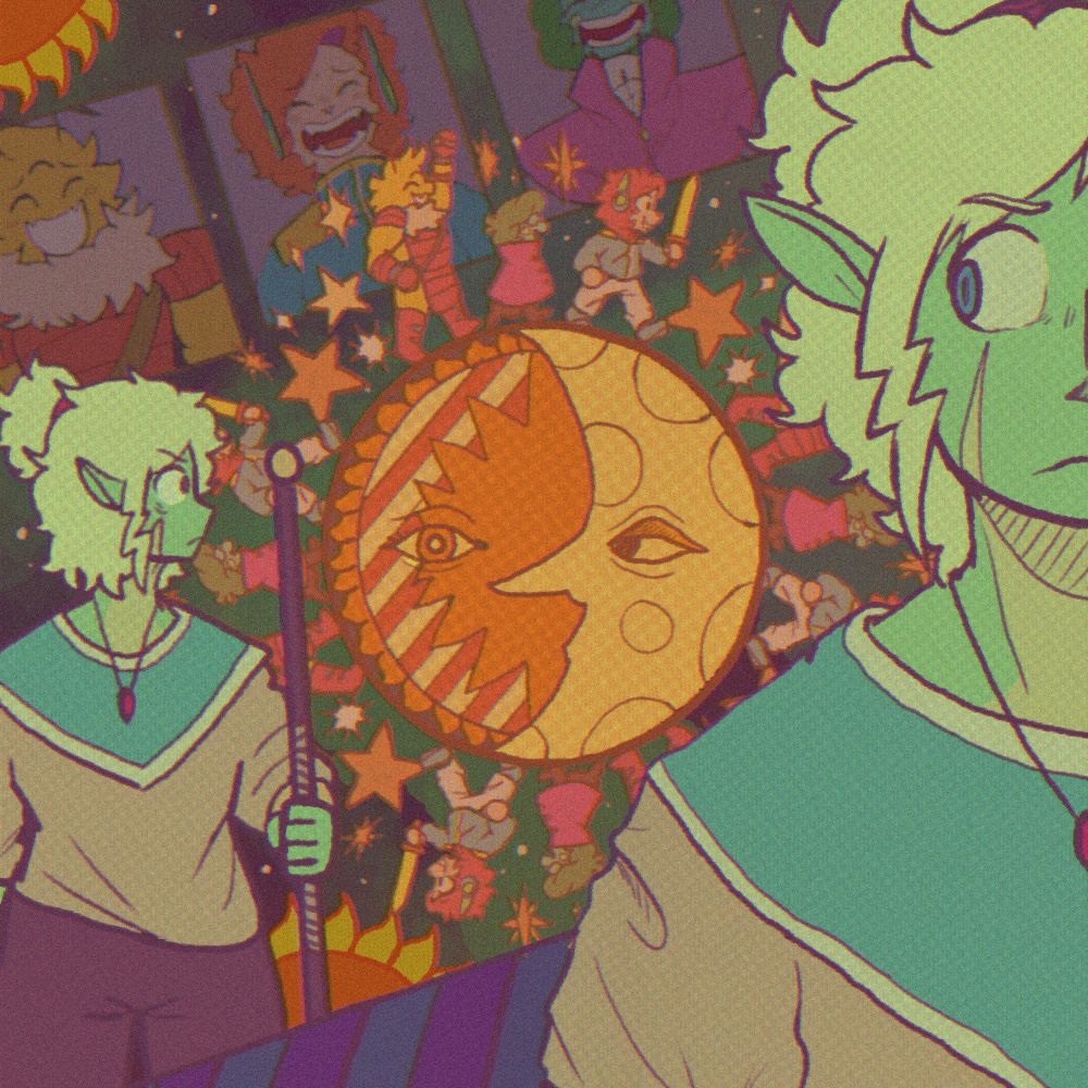 A picture of Voleric from Astral Guard in the foreground and looking forlornly at a spinning circle of his friends walking on a whimsigoth-style depiction of the sun and moon. In the back are panels of them laughing.