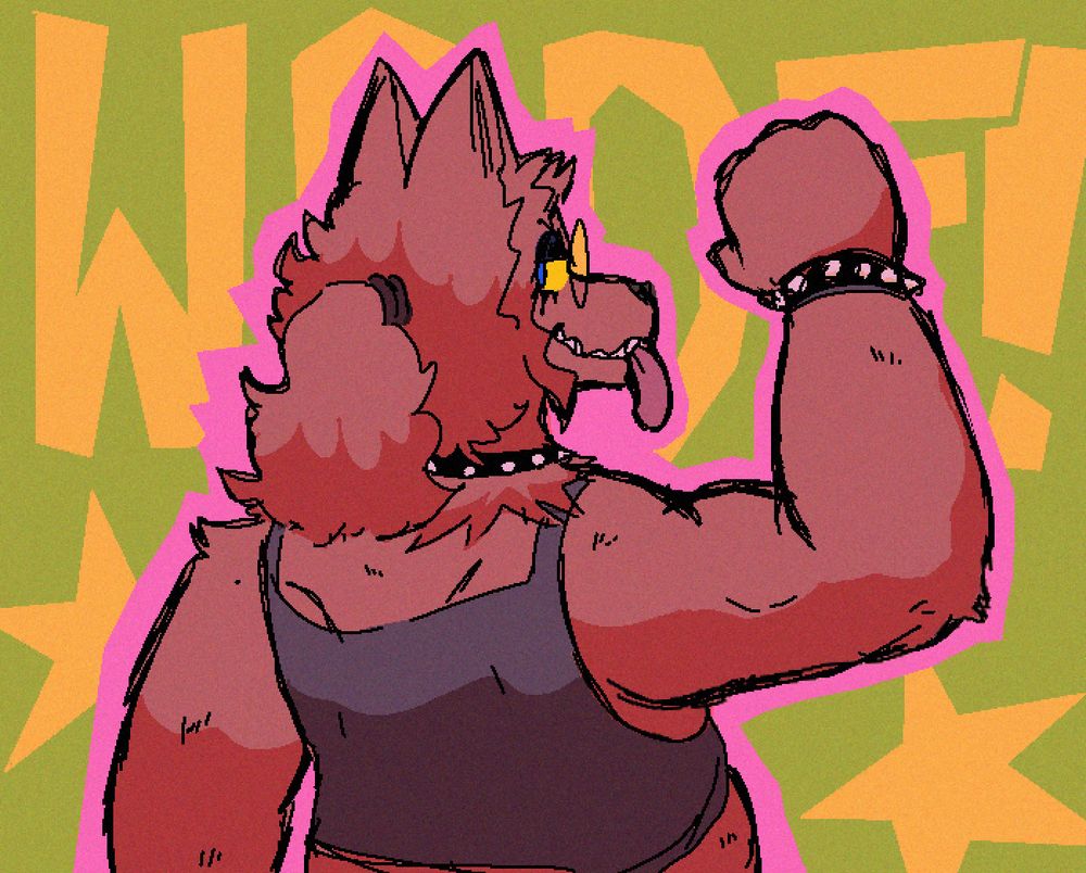 A werewolf girl with her back to the camera, looking back and smiling coyly. She is flexing. The background says WOOF!