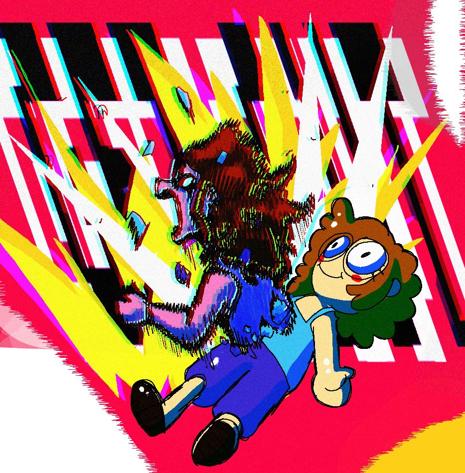 Image of a girl with glasses in a sleeveless tee breaking out of a cartoon doll of herself, screaming.