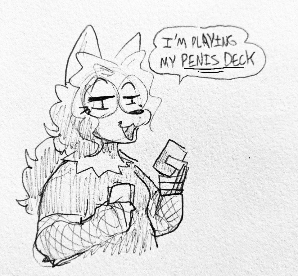 A wolf girl holding a card saying "I'm playing my PENIS DECK"