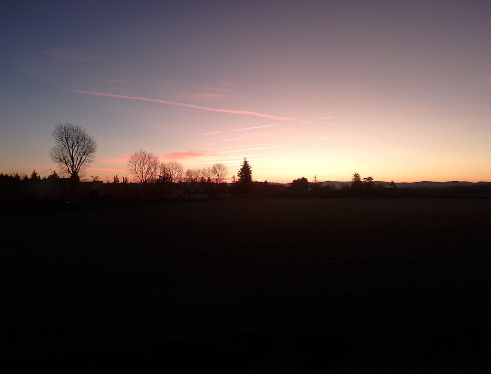 Lever du soleil à la campagne, arbres en contre-jour
Vers Roanne