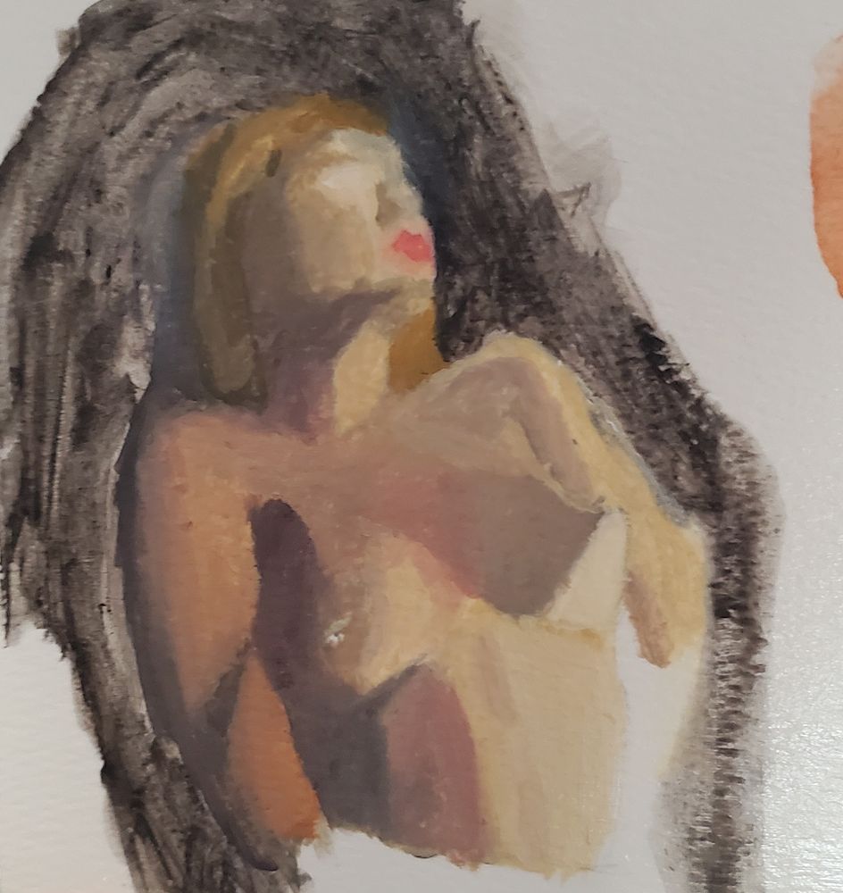 Unfinished oil paint of a topless woman.
