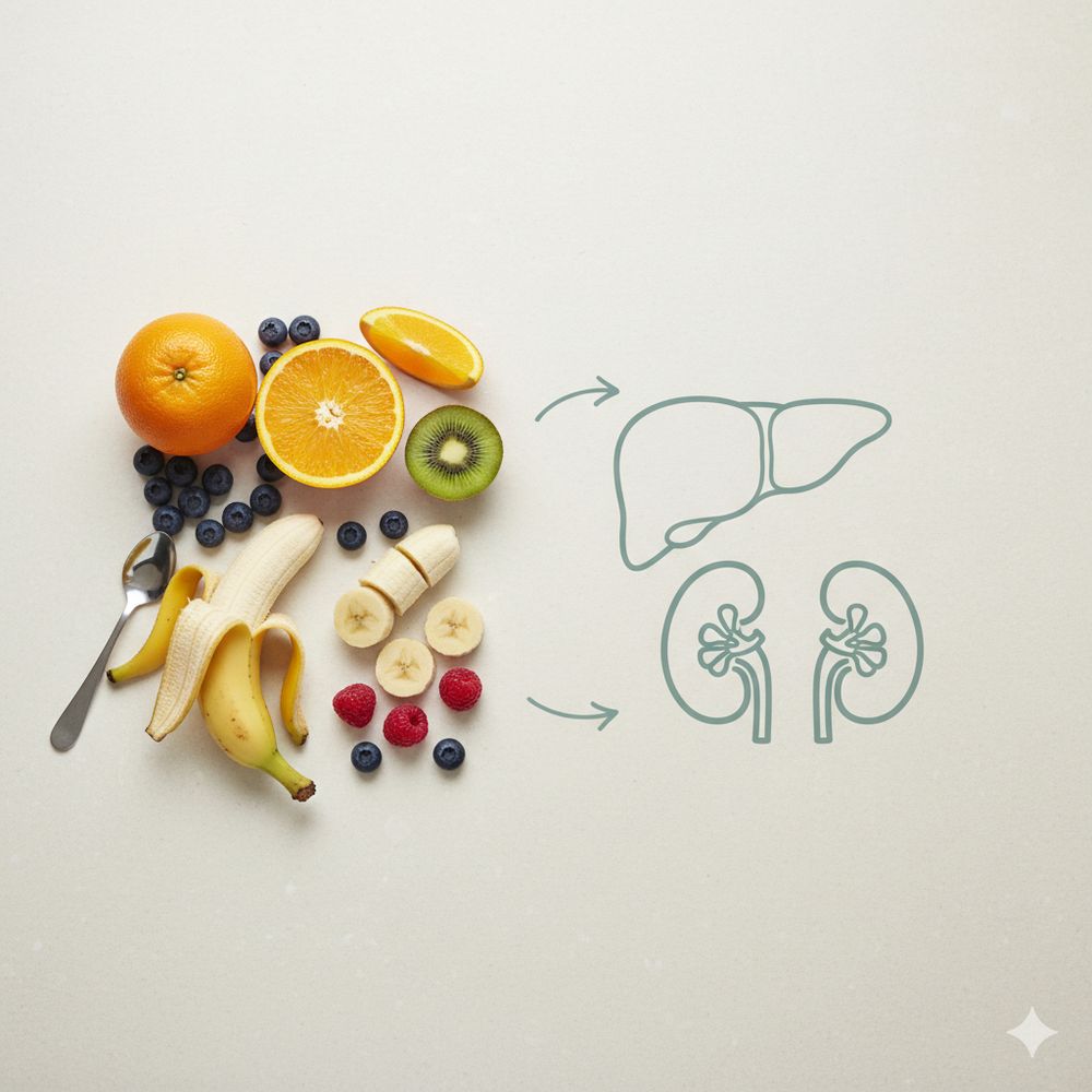 Fresh fruit beside faint liver and kidney icons, suggesting real detox organs