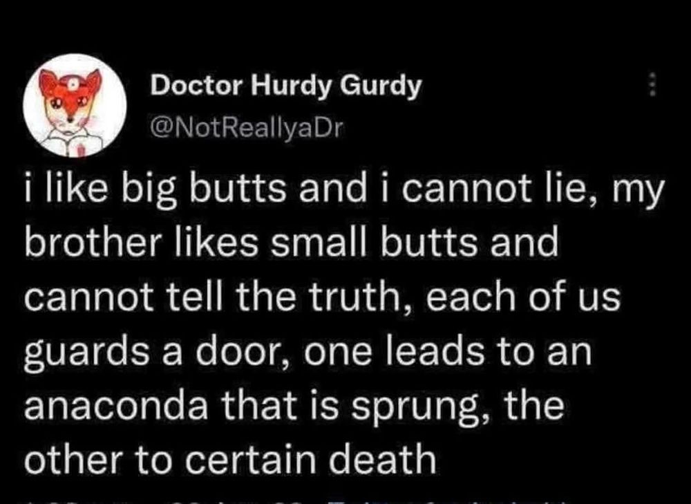 meme: i like big butts and i cannot lie, my brother likes small butts and cannot tell the truth, each of us guards a door, one leads to an anaconda that is sprung, the other to cerain death