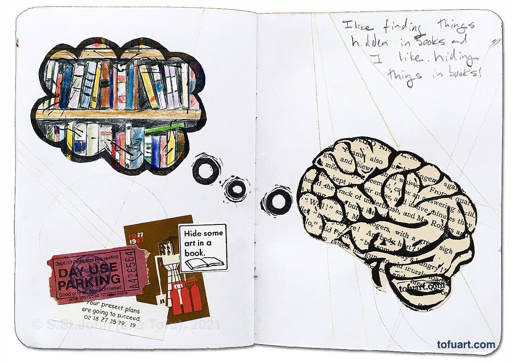 A brain thinking about books, pages from a book contributed to the Sketchbook Project.