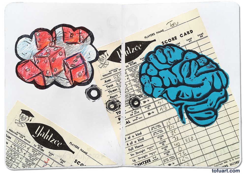 A brain thinking about plying Yahtzee, pages from a book contributed to the Sketchbook Project.