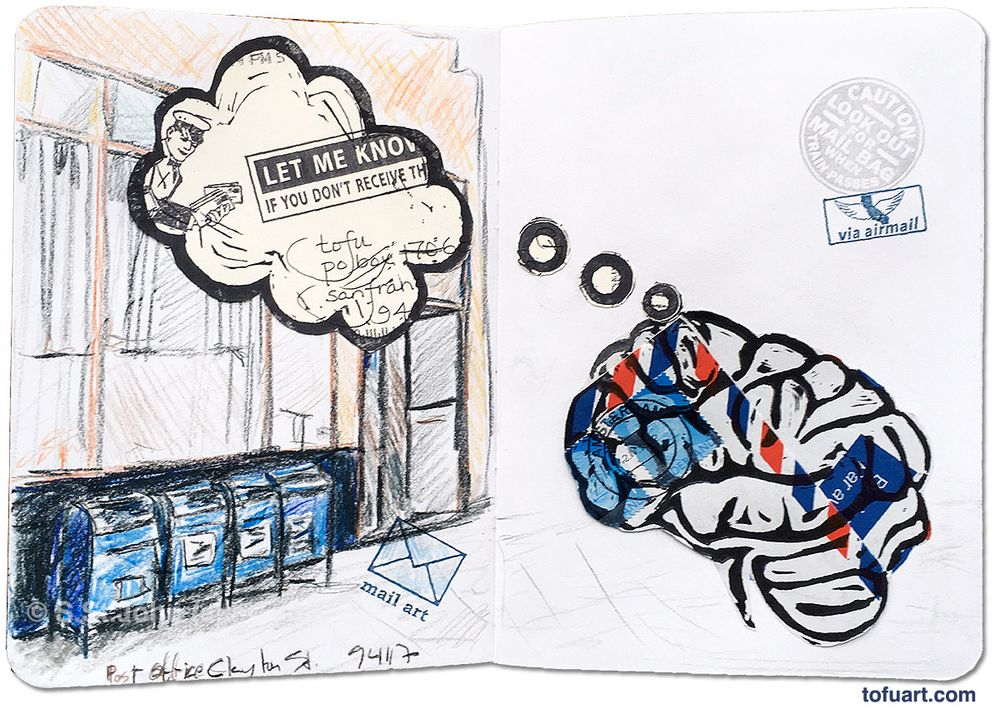 A brain thinking about the US Post Office on Clayton Street in San Francisco (94117), pages from a book contributed to the Sketchbook Project.