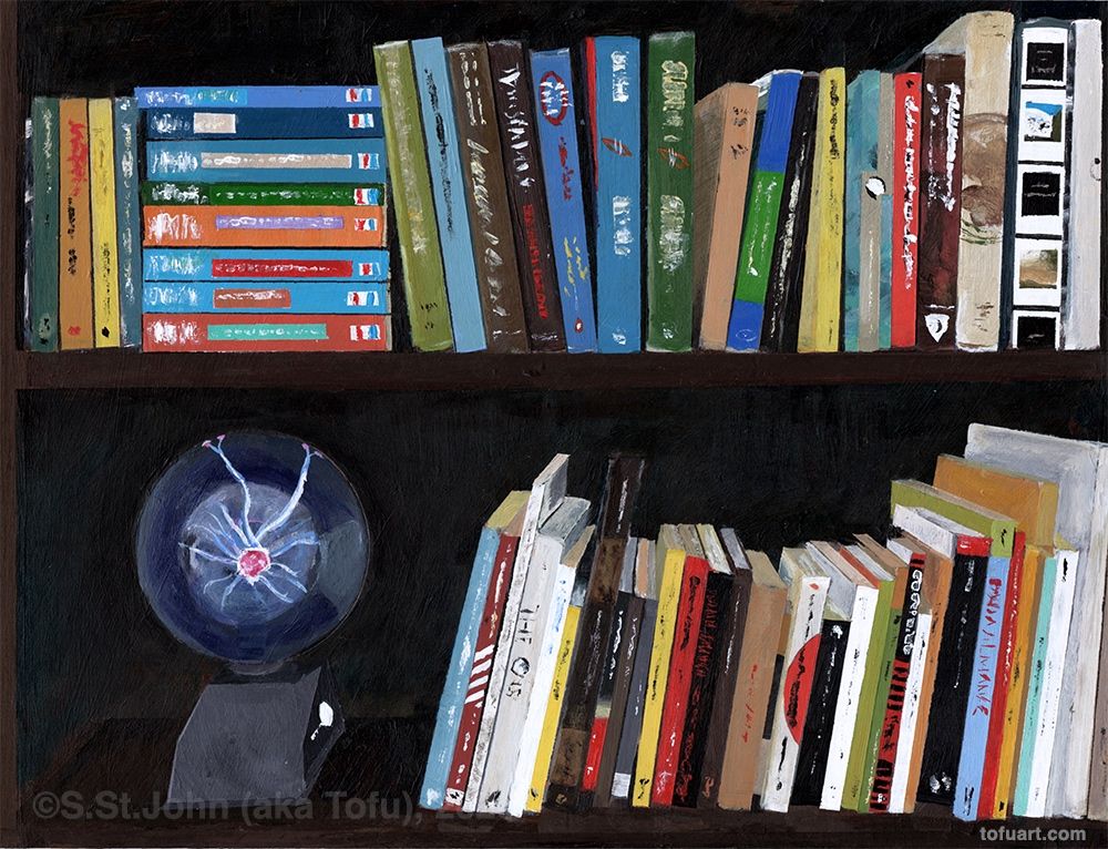 painting of a full bookcase, acrylic on paper, 12"x9" 