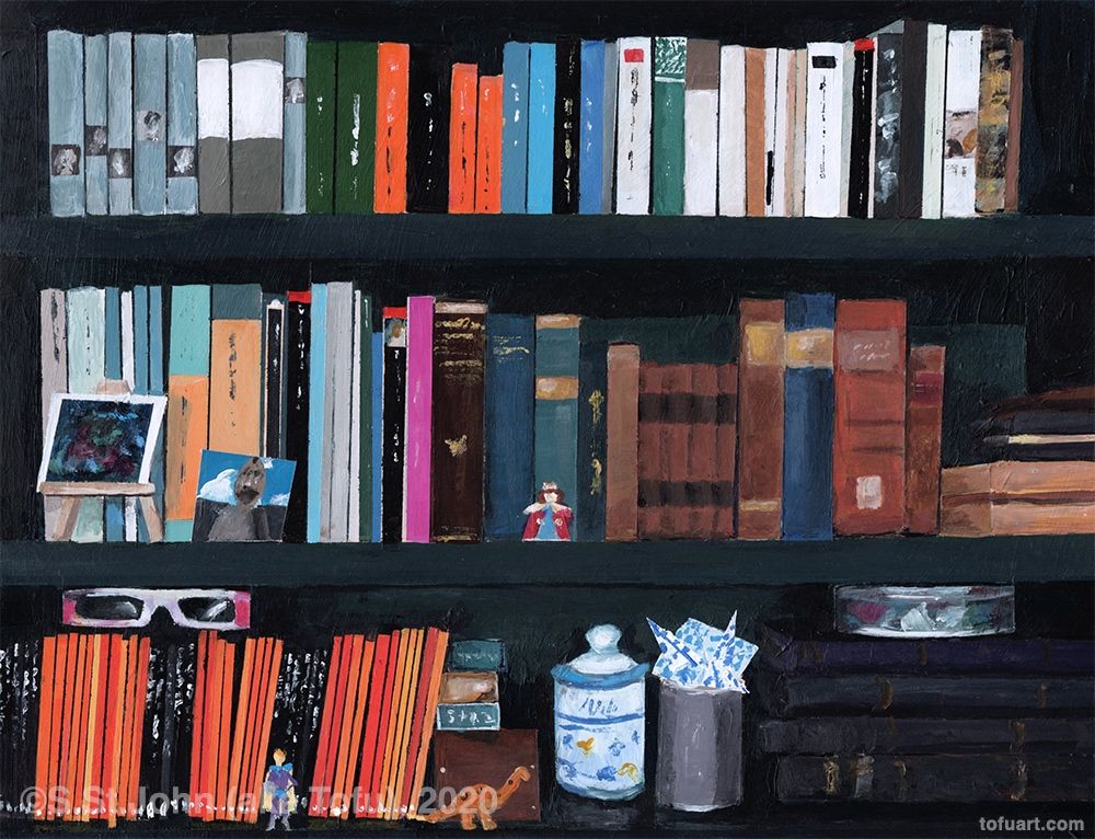 painting of a full bookcase, acrylic on paper, 12"x9" 