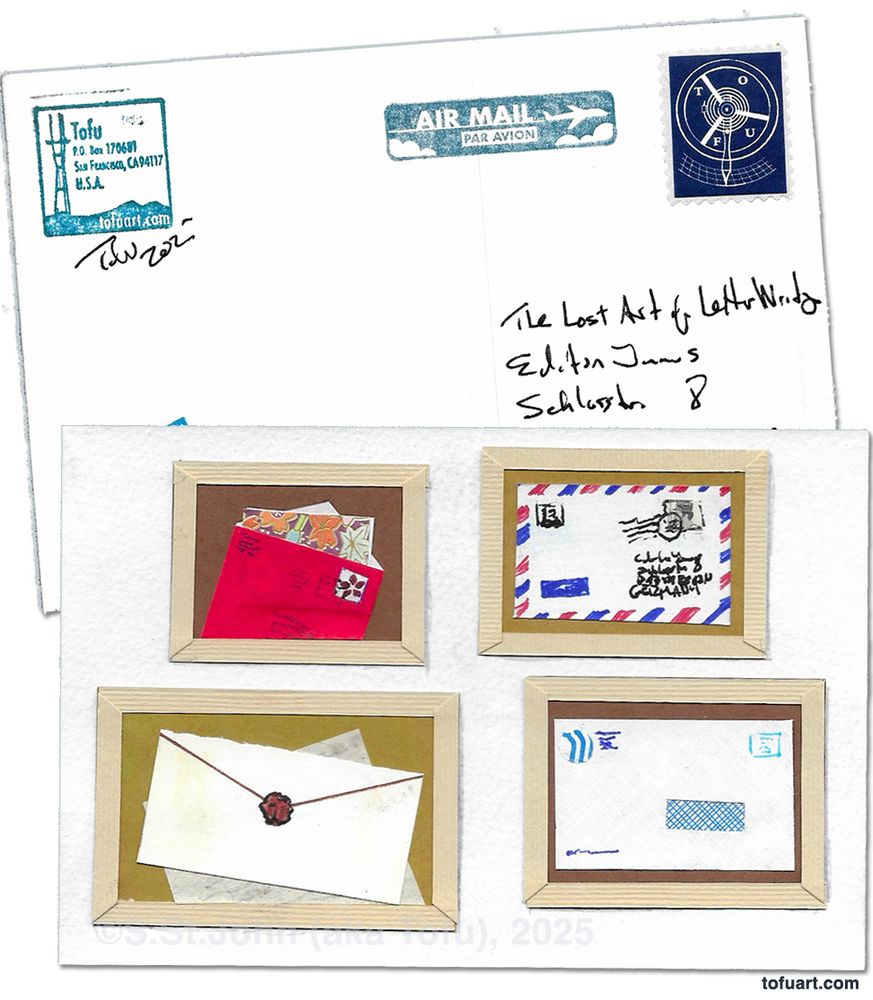 Mail art, collaged postcard with images of four pieces of mail in picture frames.