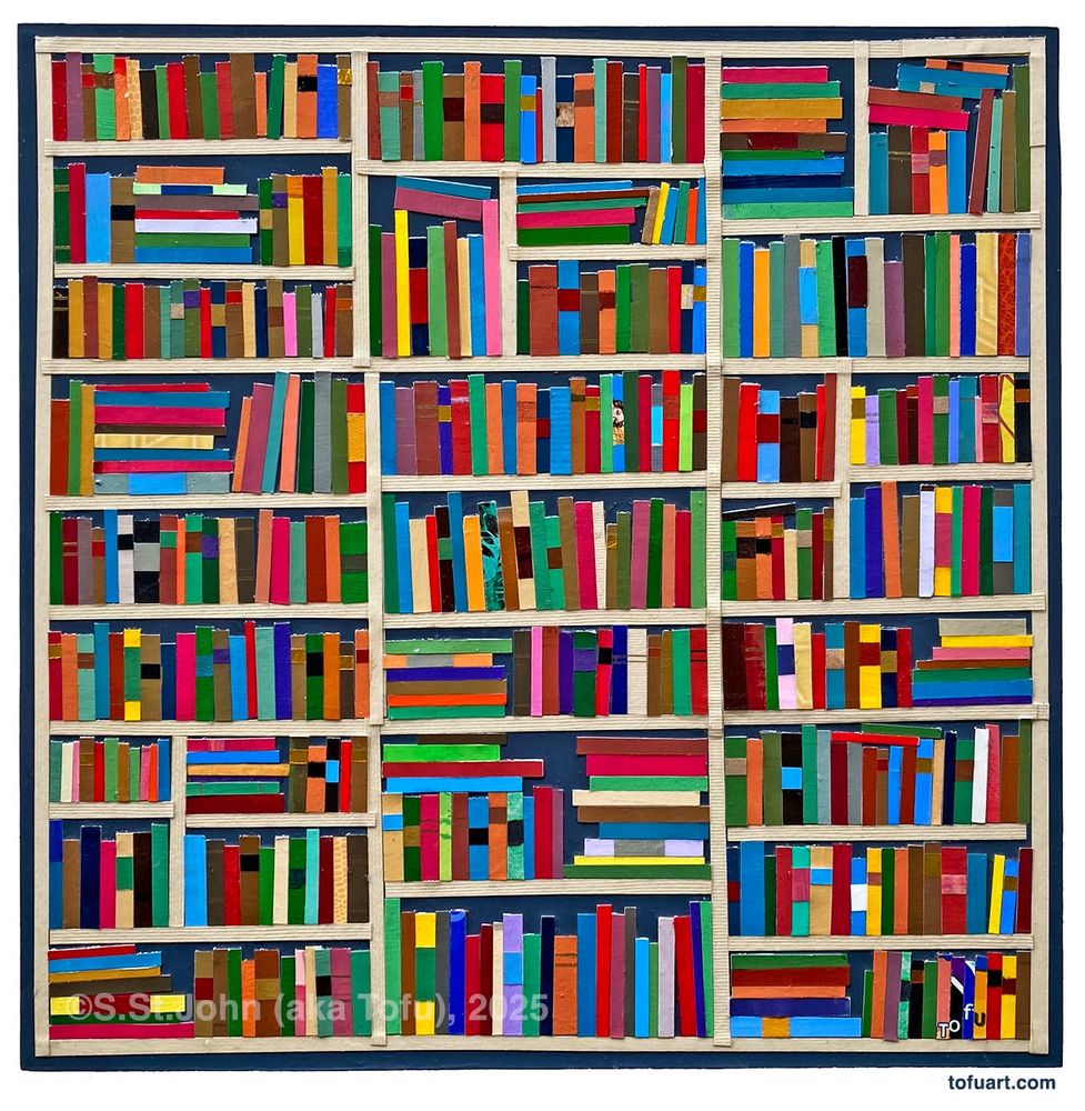 Mixed media on board, collage of painted paper cut and reassembled to resemble a bookcase, 12”x12”