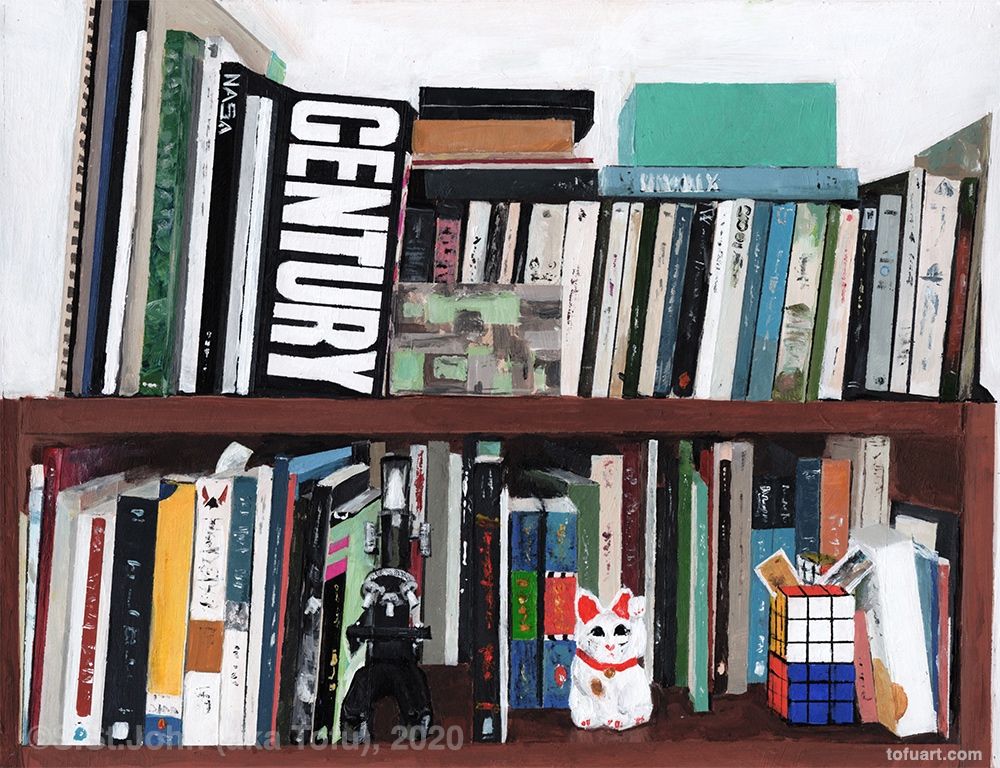 painting of a full bookcase with books, a microscope and Rubik's cubes, acrylic on paper, 12"x9" 