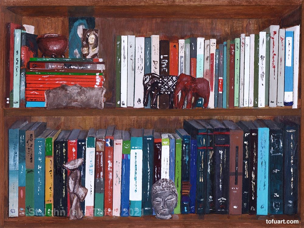 painting of a full bookcase, acrylic on paper, 12"x9" 