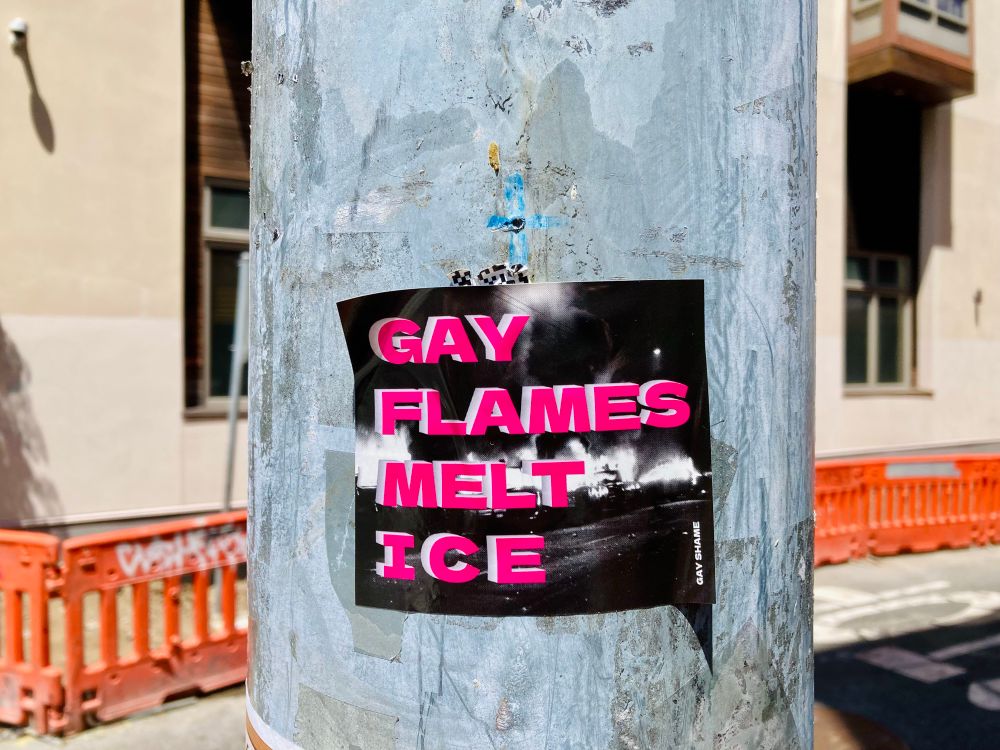Sticker on a light pole in Hayes Valley in San Francisco. Sticker reads gay flames melt ice.