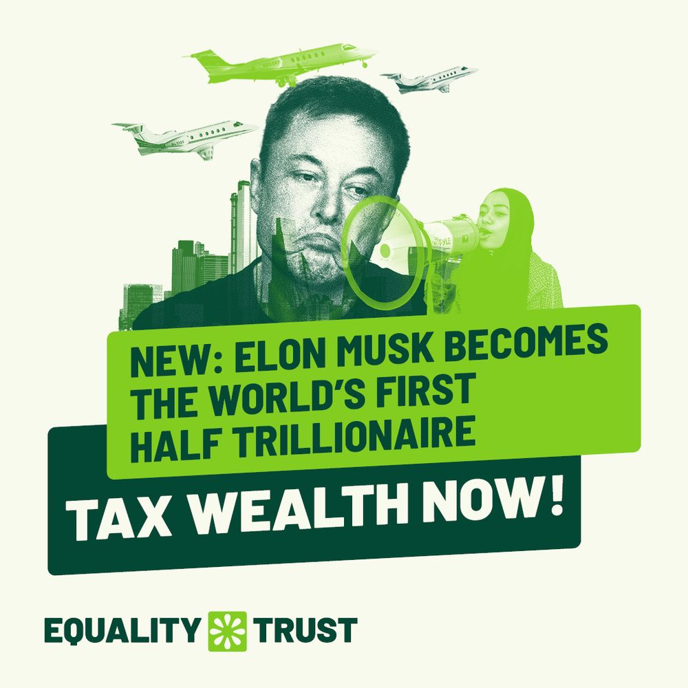 Graphic announcing Elon Musk as the world's first half trillionaire (hooray) with a call to tax wealth now, featuring a city skyline and private jets.
