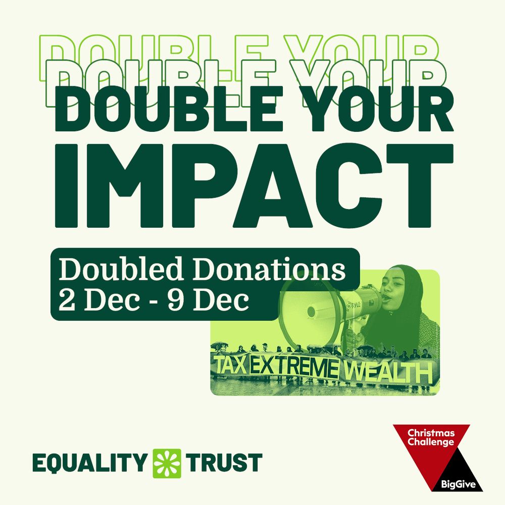 Bold text reading 'Double Your Impact' with dates for doubled donations from 2 Dec to 9 Dec and a small image of a megaphone and protest sign about tax and wealth inequality.