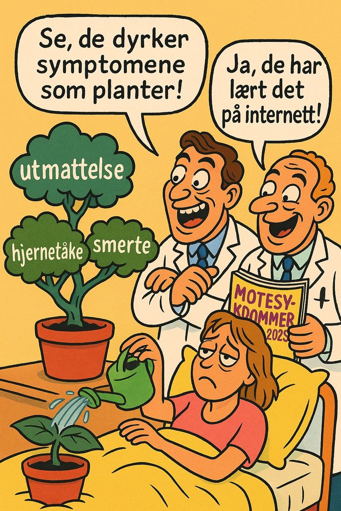 Satirisk politisk tegneserie i farger. I en seng ligger en kvinne med ME og vanner en liten plante i en potte. Ved siden av sengen står en stor potteplante formet som tre grønne skyer, merket med teksten «utmattelse», «hjernetåke» og «smerte». Bak henne står to smilende, arrogante leger i hvite frakker. Den ene holder et magasin med tittelen «Motesykdommer 2025». Snakkeboblene deres sier: «Se, de dyrker symptomene som planter!» og «Ja, de har lært det på internett». Kvinnen ser oppgitt ut.

