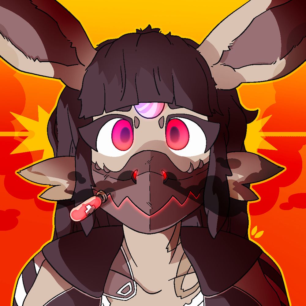 Red-and-yellow close-up drawing of a Glaceon under harsh low lighting, wearing a metallic face mask with nostril holes (which are expelling dark smoke) and a glowing mouth-shaped pattern with sharp teeth. There's a capsule filled with red liquid screwed into one end of the mask, and her vacant eyes are glowing red.