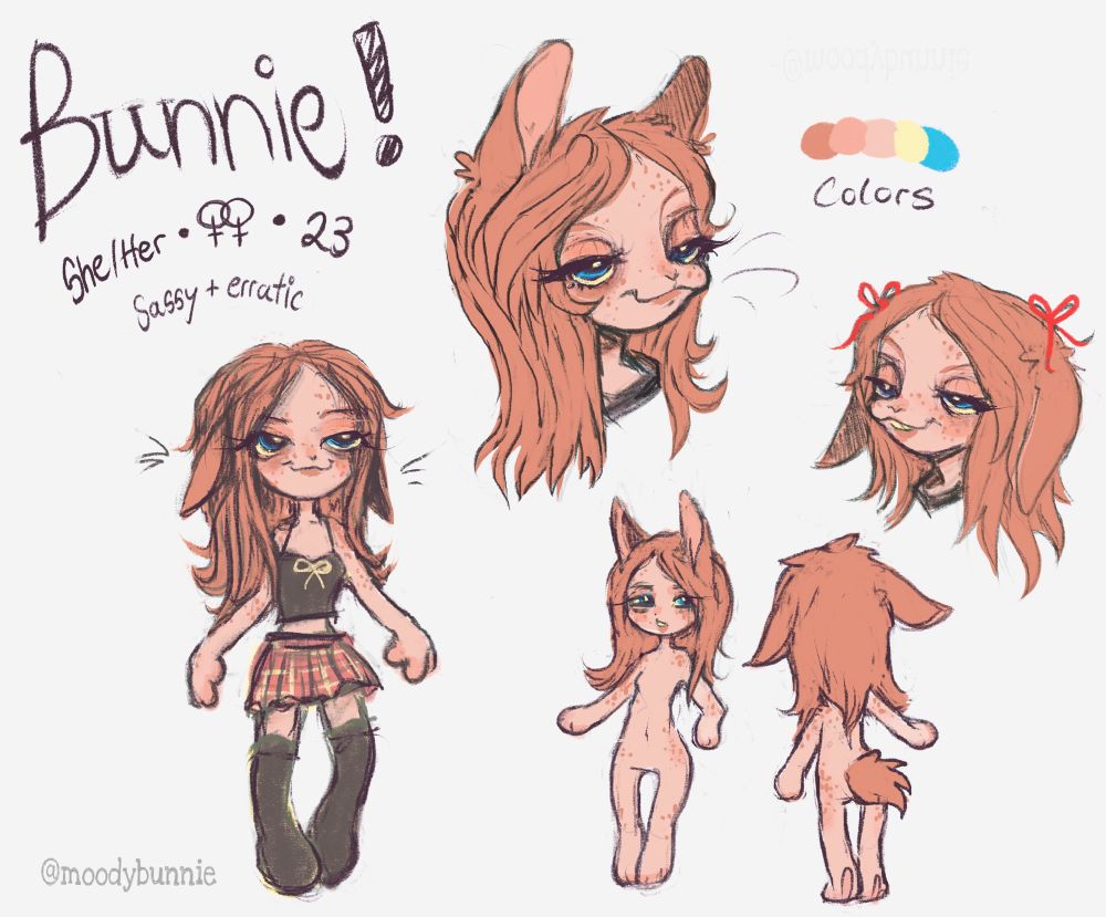 A new reference sheet for my fursona, Bunnie! 

Bunnie is a petite cat + rabbit hybrid

- Bunnie goes by she/her
- she’s a high-femme lesbian
- 23 years old 
- personality: sassy + erratic 

Bunnie has short peachy fur, with ginger freckles on her arms, legs, hips & shoulders, + salmon-pink paws pads 

Her ears are long & droopy, with an almost angular shaped tip. She is still able to make her ears perk-up fully. 

She has a long, choppy fringe hairstyle, her hair is ginger. Her tail is an extra fluffy, ginger, bunny tail. 

Bunnie’s eyes are bright blue, the whites of her eyes are yellowed

She has small bunny teeth, with small feline fangs as well 

Bunnie is dressed in a short, red plaid skirt. She has a short black tank top, with black knee-high socks
