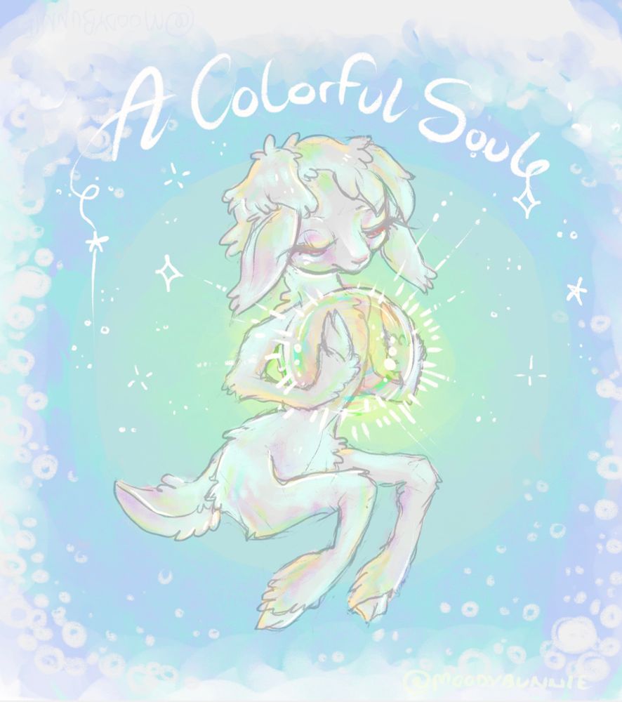 A digital illustration for pride drawn by @/ moodybunnie of her oc, Lamb (or Lamby)

Lamb is “floating” through a starry / sparkling sky & the clouds above. The sky is iridescent, the clouds are billowing around her like a frame. 

Lamb is a pure white, petite, kinda knobby, deer & sheep-girl hybrid. 

She is holding a colorful ball with white rays of light shining through, her fluffy white fur is highlighted by the rainbow colors.
