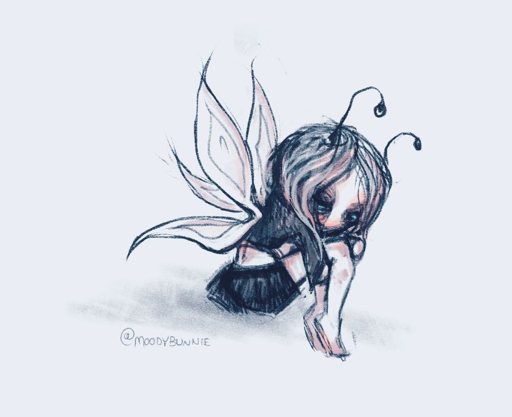 A drawing of my persona, she is a small fairy with long, fringy hair. Long, wiggly, antennas poke out through her hair. 

The drawing is blue-tinted greyscale, small hints of pink peek through onto her skin.