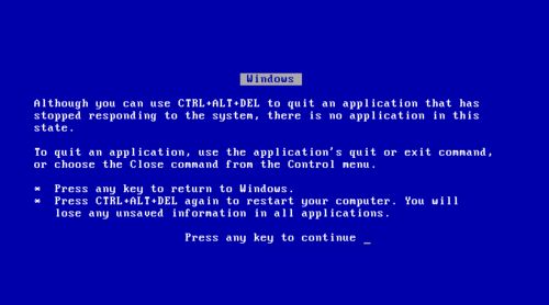 A screenshot of the Microsoft Windows “ Blue Screen of Death “ from Windows 95 & 98  