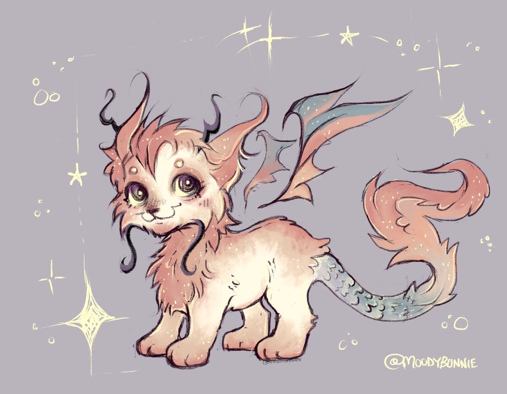 A digital drawing by @ moodybunnie

A cat-dragon hybrid is standing on-top a pastel purple background, with sparkles surrounded them. 

They have fluffy fur, tufted ears, & choppy bangs. They also have dragon wings, a fur tufted / scaly tail, & long dragon “whiskers” 

Their color-pallet is diluted / pastel ( as a stylistic choice by me )