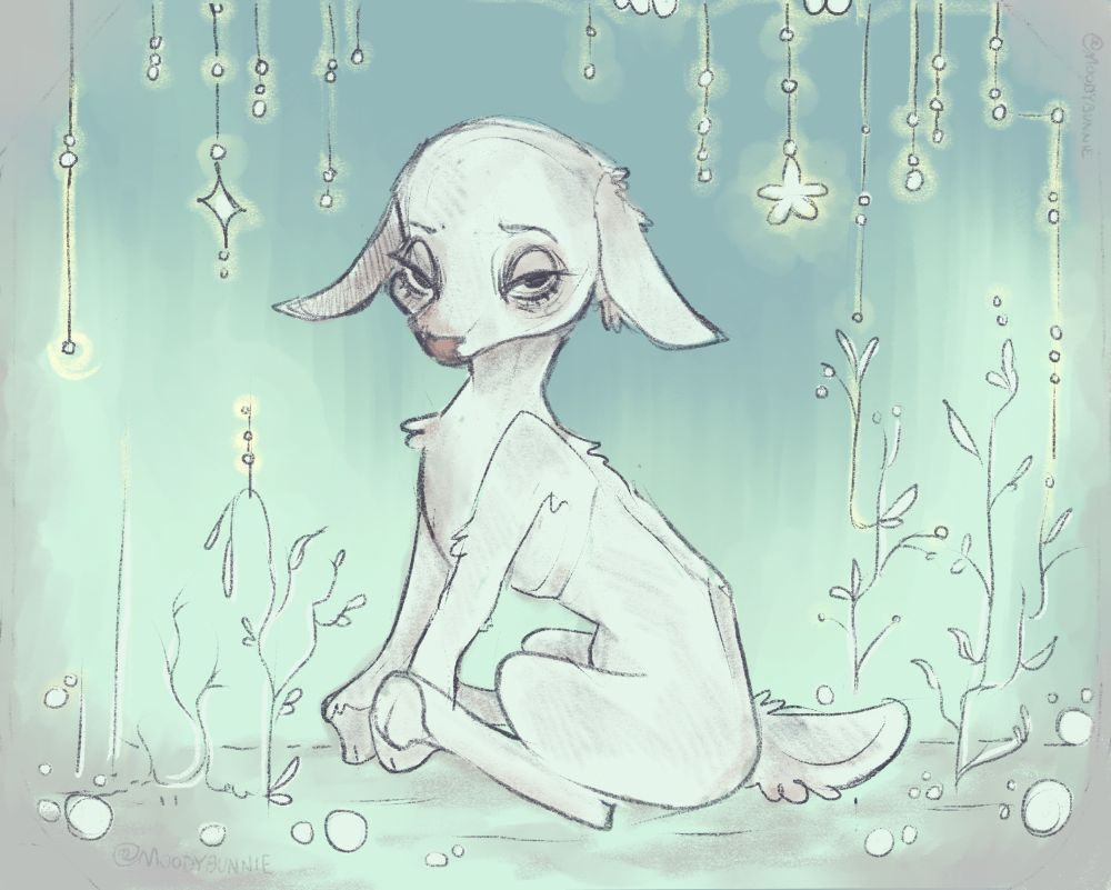 A digital illustration of @/ moodybunnie’s oc / secondary fursona, Lamb. 

Lamb is a tiny, pure-white deer. She has floppy ears, a pink nose, & small fluffy tail. 

She is sitting down on the ground, small leafy plants surround her. There are glowing stars attached on strings above Lamb’s head. 

The entire piece has a teal, blue, & purple tint to it. It’s moody, almost foggy. The strings of stars are glowing a soft yellow.
